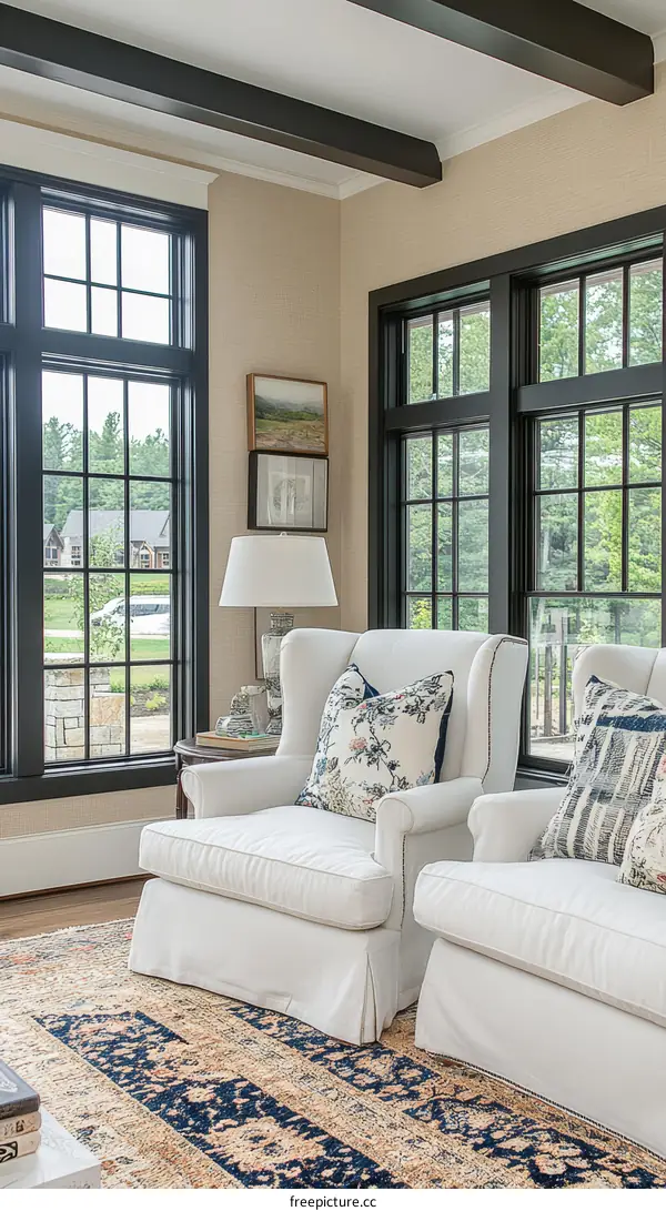 Modern Farmhouse Living Room with Black Windows