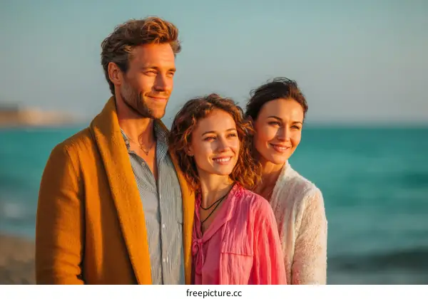 Three People Enjoying the Beach Sunset