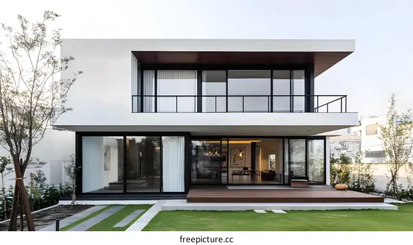 Modern Minimalist Home Architecture Exterior Design With Large Glass Windows And Wooden Deck