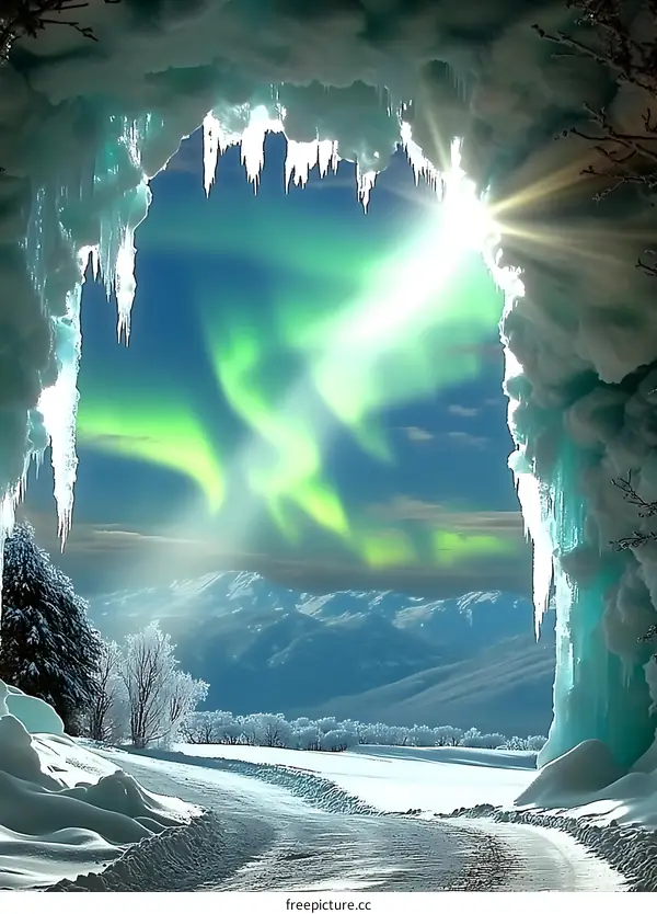 Aurora Borealis View Through Frozen Cave