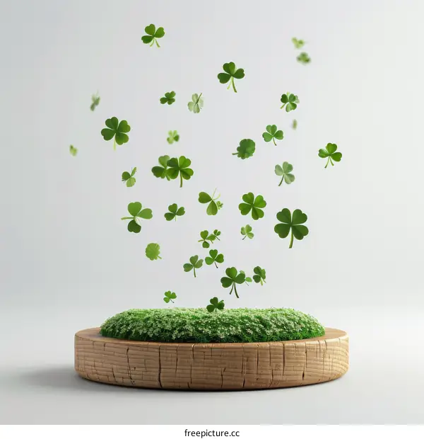 Green Clovers Floating Above Wooden Podium