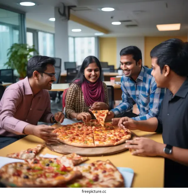 Indian colleagues enjoying pizza party in the office