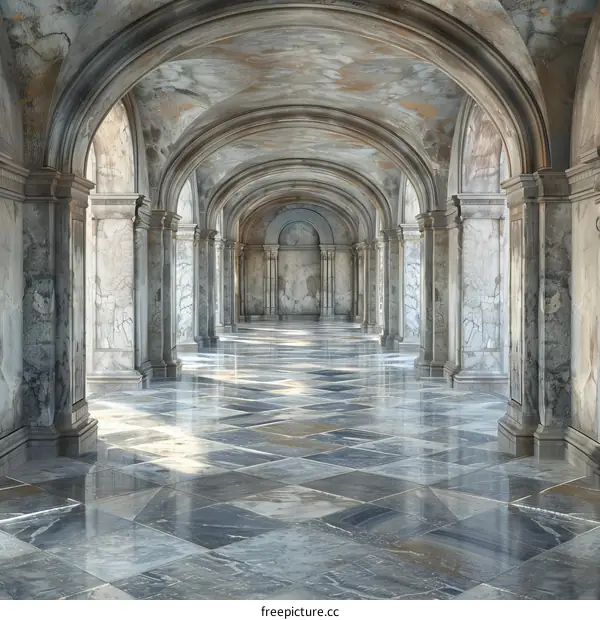 Elegant Long Marble Hallway with Columns and Arches