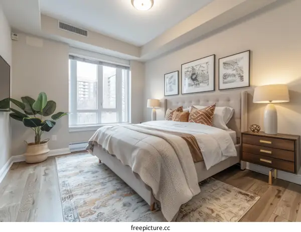 A cozy and inviting master bedroom with a large bed, a sitting area, and a TV