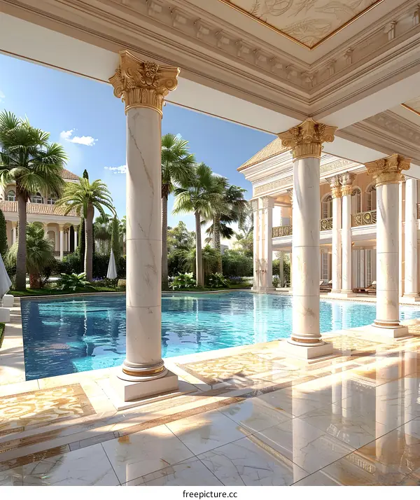 The magnificent mansion with swimming pool and palm trees