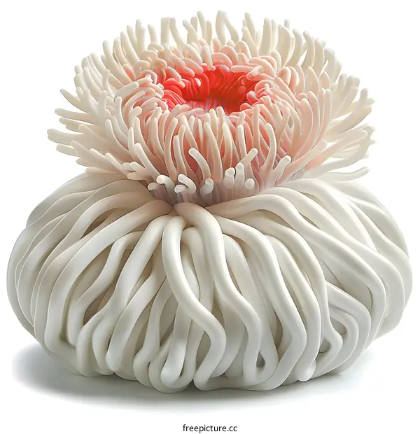 Anemone-like sculpture with pinkish red center and white tentacles