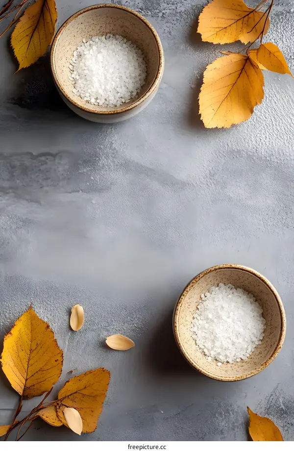 Autumn Leaves and White Salt In Bowls on Grey Surface