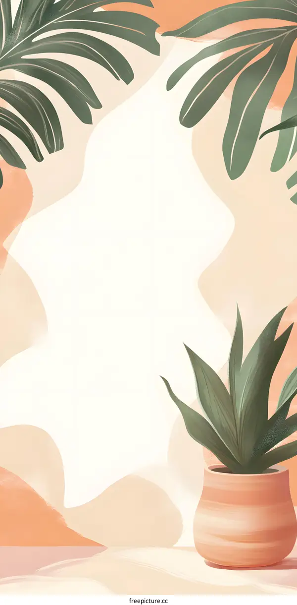 Minimalist Illustration With Green Leaves And Potted Plant