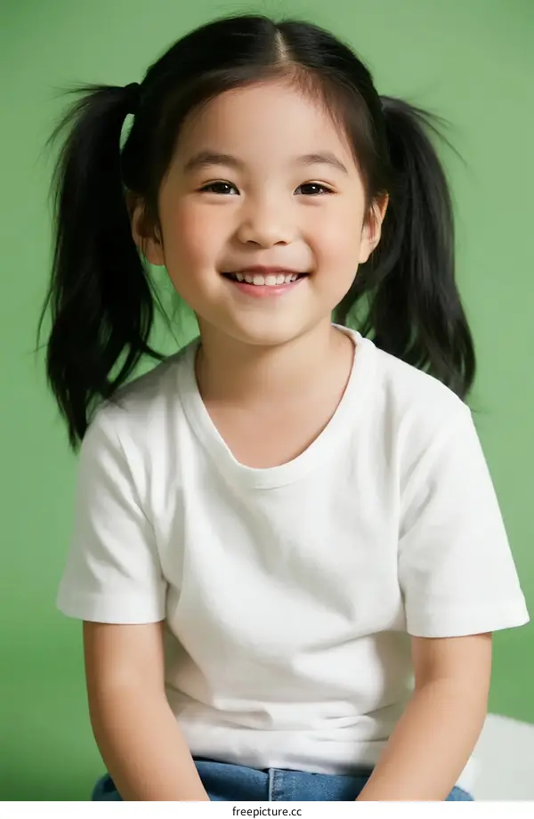 A Little Girl with Black Pigtails Wearing White T-shirt Smiling