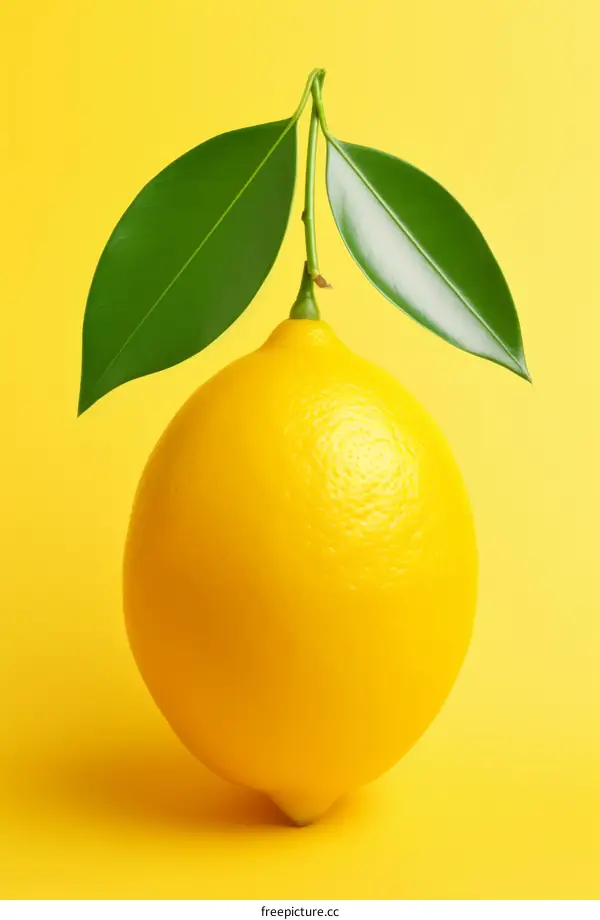 Single lemon with leaves on yellow background
