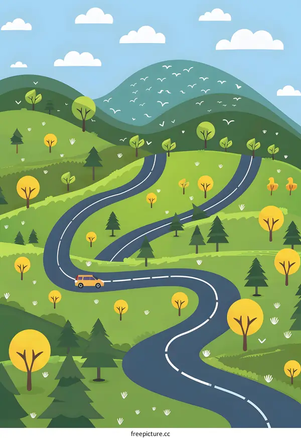 Winding Road Through Green Hills Illustration