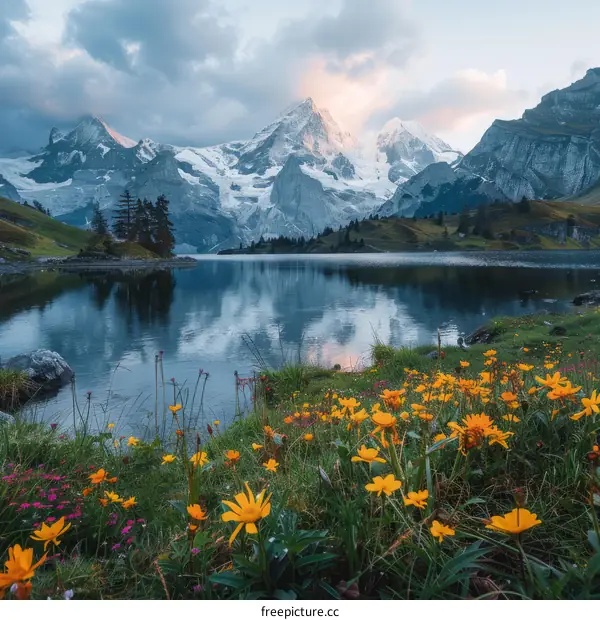 Mesmerizing sunrise at a serene mountain lake in the Swiss Alps