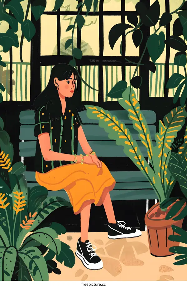 Woman Sitting on Bench in a Greenhouse