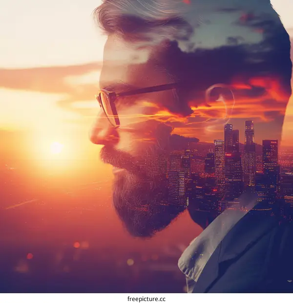 Bearded man with glasses looking out at a city skyline at sunset