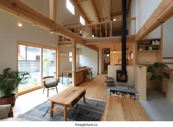 Modern Minimalist Open Concept Living Room with Wooden Beams and a Fireplace