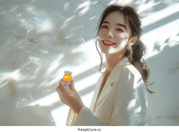 Asian woman holding a bottle of medicine