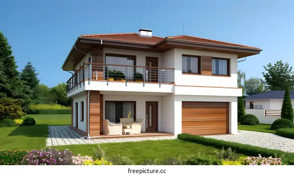 Modern Two Story House with Garage and Balcony