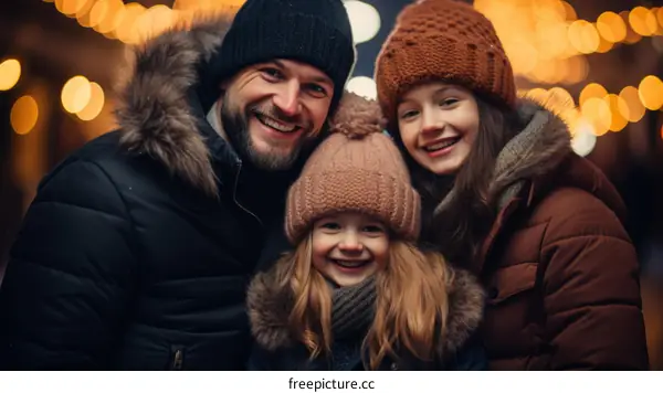 Happy family of three posing for a photo in front of a blurry background of lights