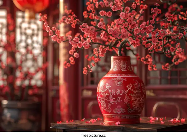 Exquisite Red Plum Blossom in Traditional Chinese Vase