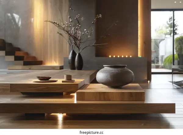 A wooden table with a vase of flowers and a bowl of fruit on it.