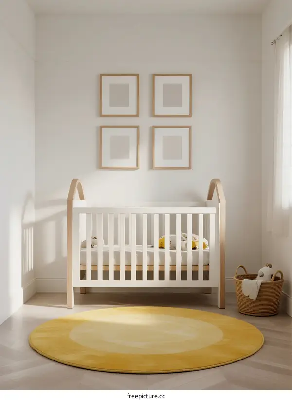 Bright and Modern Baby Crib Room with Yellow Rug and White Furniture