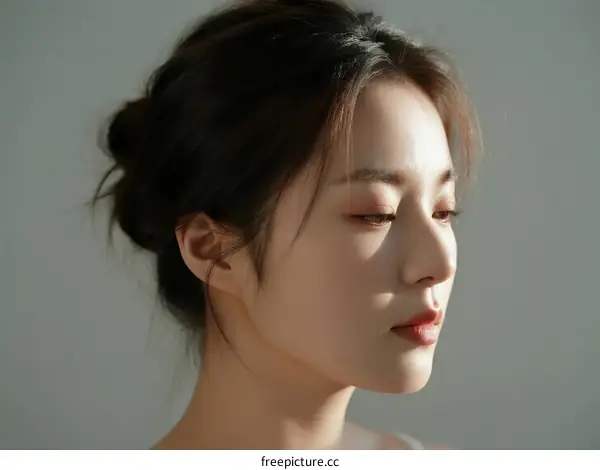 Portrait of a Young Asian Woman with Hair Bun and Natural Light