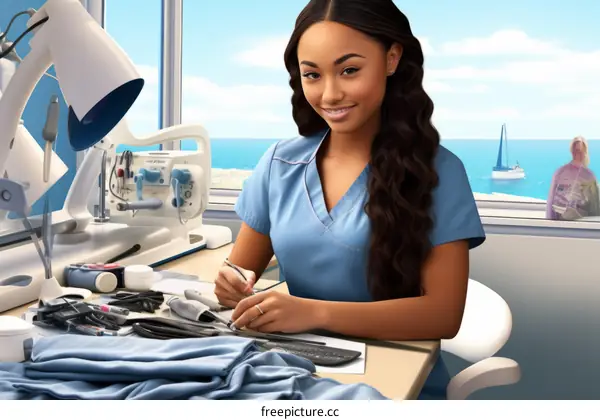 A smiling young woman of African descent in a blue lab coat is working in a modern dental laboratory.
