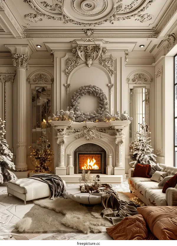 Exquisite and Luxurious Living Room with Fireplace and Christmas Decorations