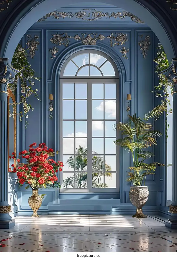Grand Blue Room with Red Flowers and a Large Window
