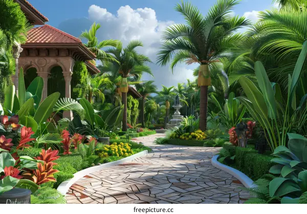 Tropical Garden Pathway with Luxurious Mansion