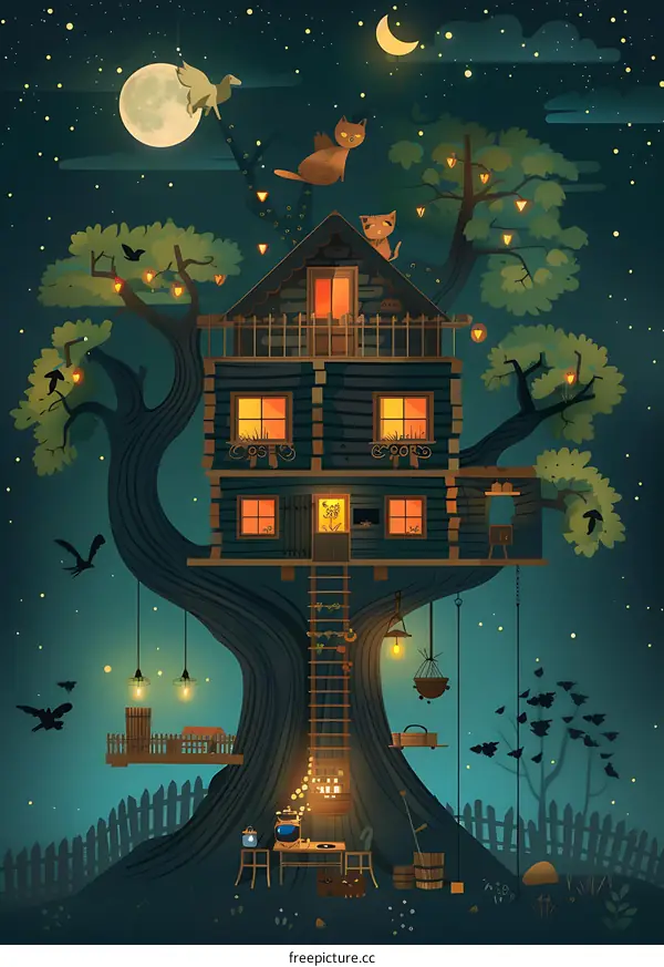 Treehouse at Night With Stars and Moon