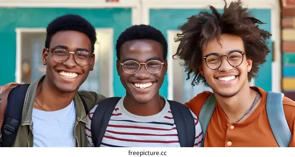 Three Happy Black Male Students Posing Together Outside School Building