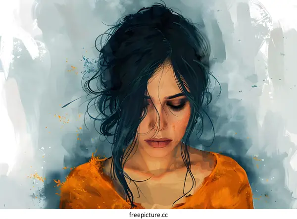 Digital Painting of a Woman with Long Black Hair Looking Down