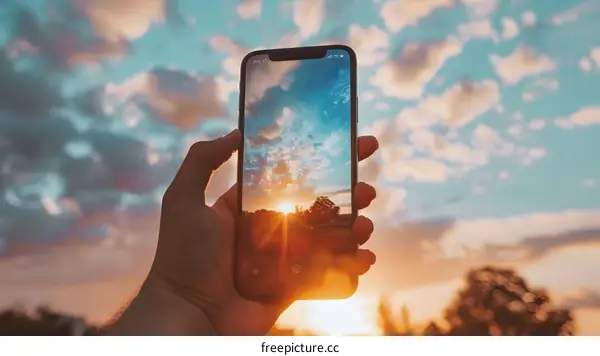Hand Holding Smartphone Taking Photo of Sunset with Cloudy Sky