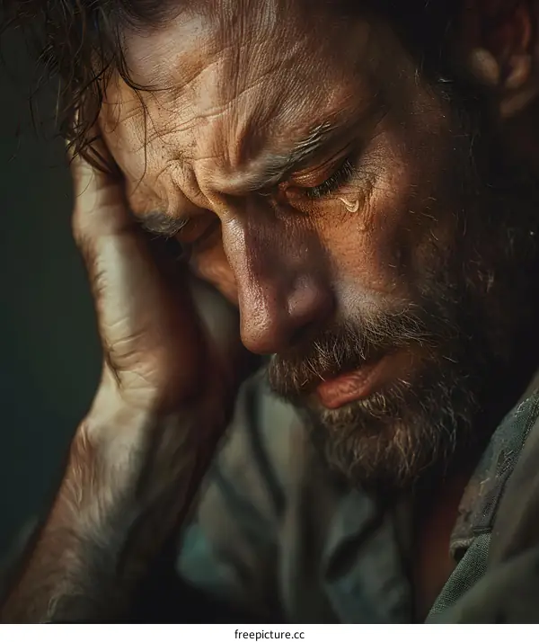 A man with a beard is crying.