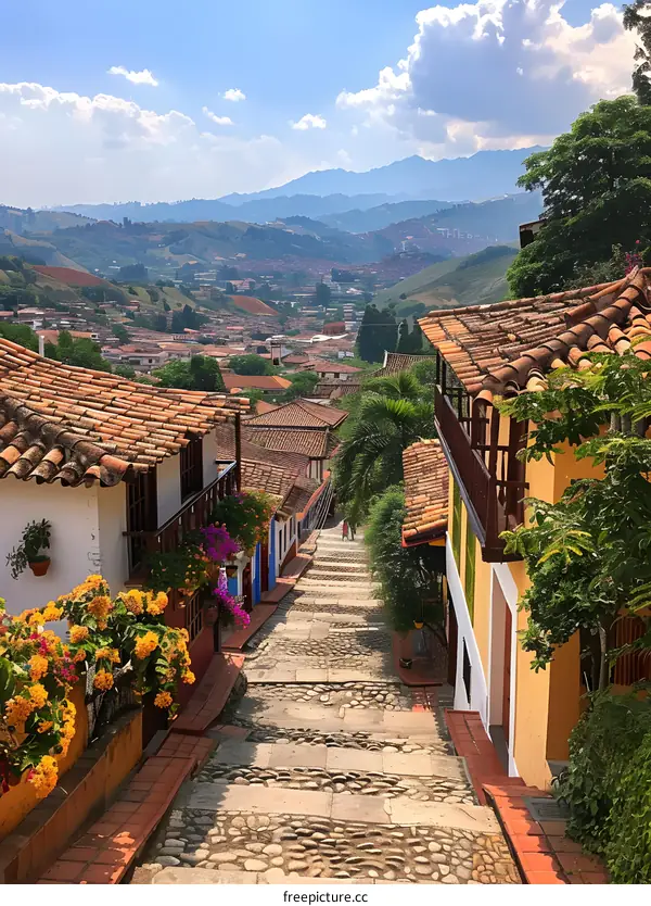 A steep cobblestone street in a colorful Colombian town