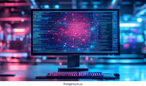 Computer Screen Displaying Complex Network and Code