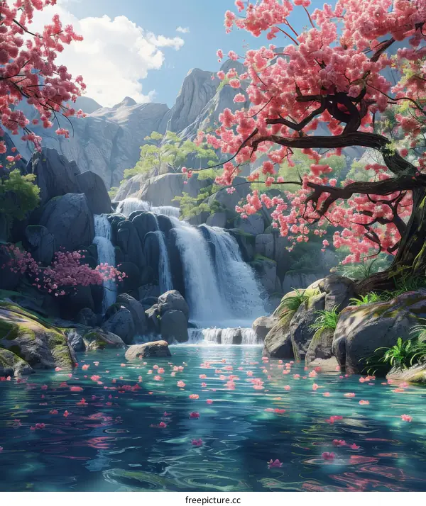 Waterfall Fantasy Landscape with Cherry Blossoms and Pink Flowers