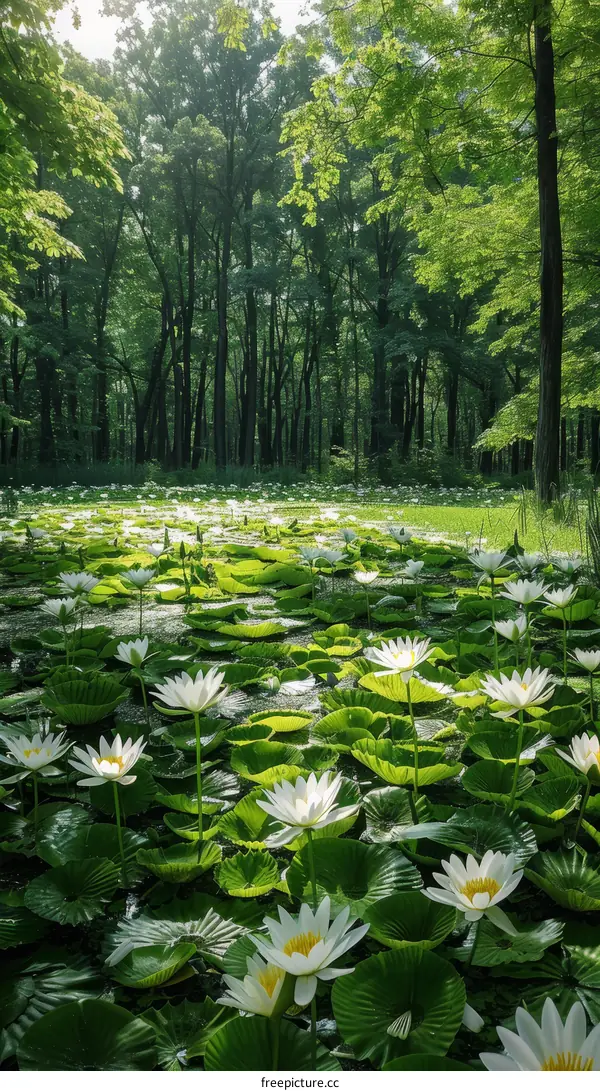 Serene White Water Lilies in a Tranquil Forest Pond