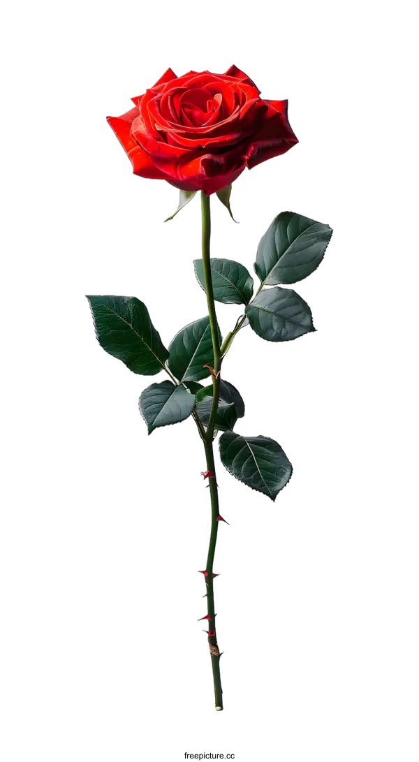 [Transparent Background PNG]Single Red Rose Stem with Thorns on White Background