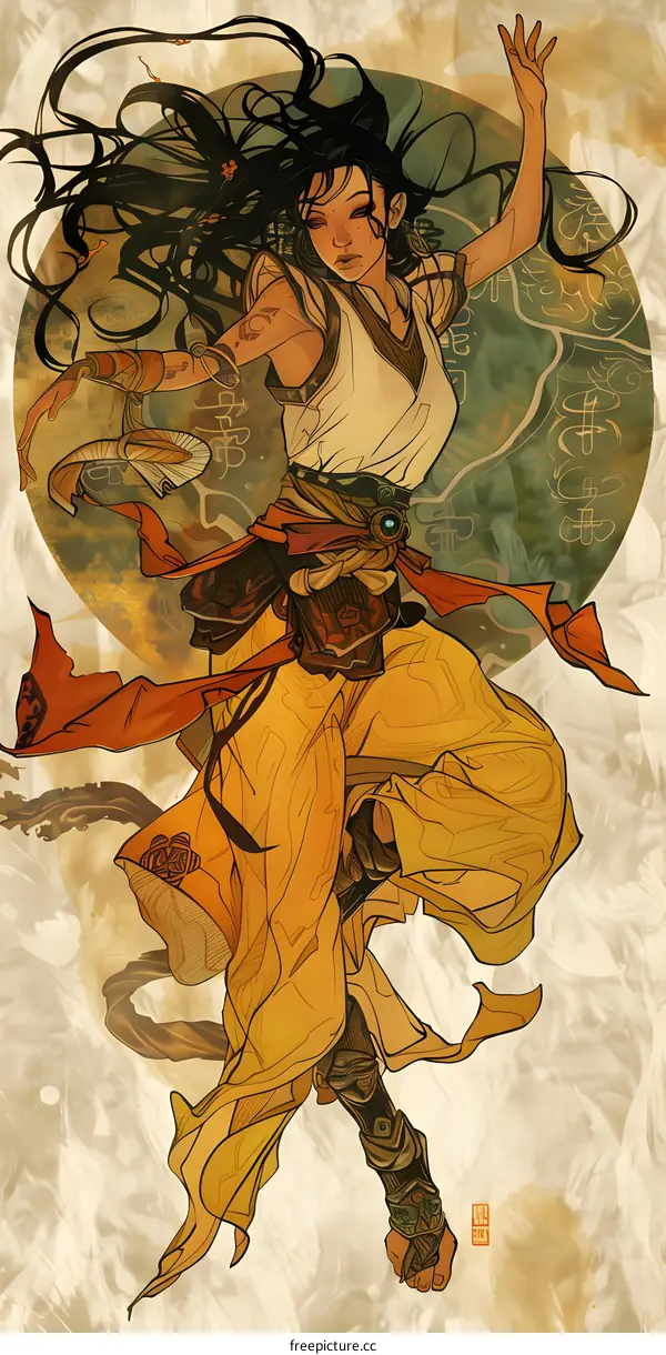 Warrior Woman in a Yellow Robe with a Red Sash and a Blue Gemstone