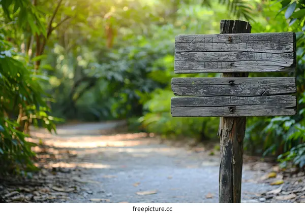 Wooden Signpost in the Forest with Blurred Green Foliage