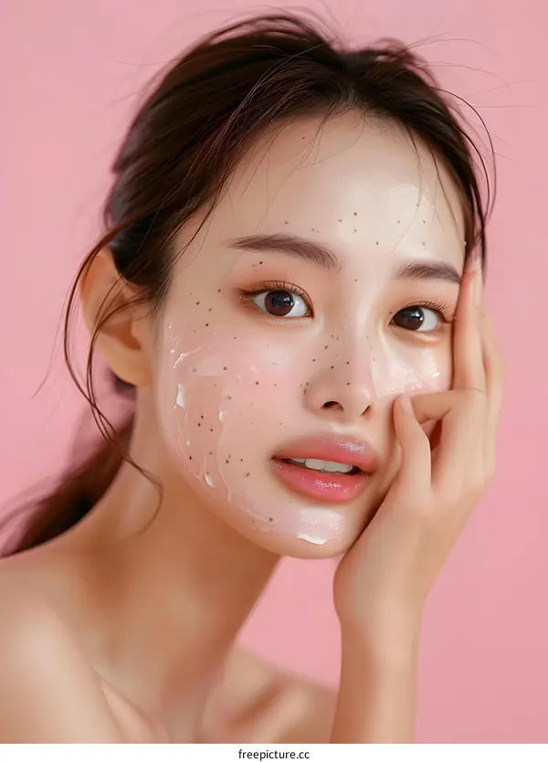 Beautiful Asian Woman Applying Facial Cream