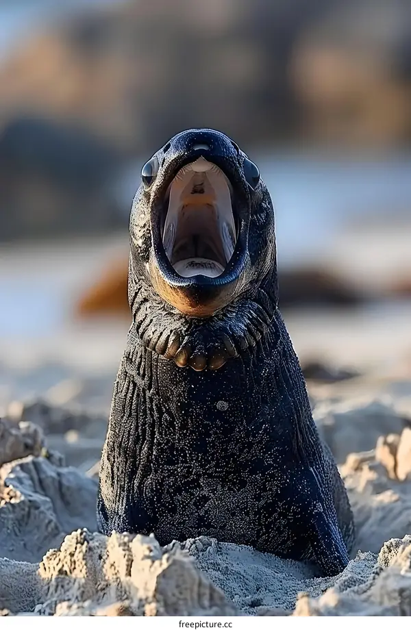A seal is roaring on the beach
