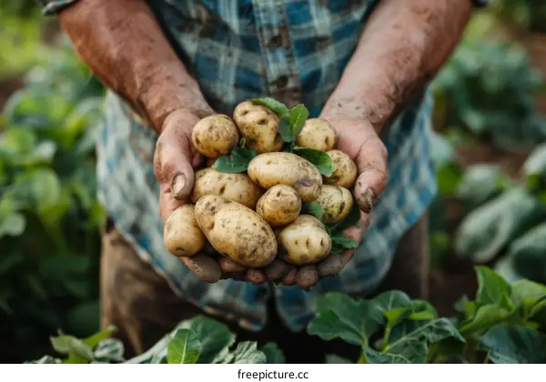 A farmer holding a handful of freshly harvested potatoes