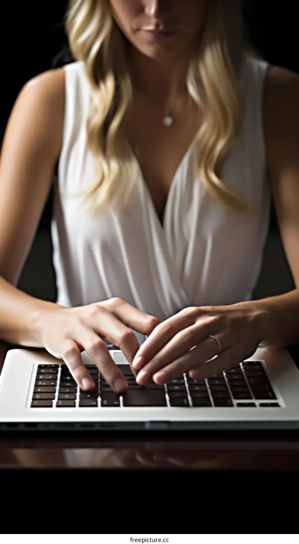 Blonde woman typing on laptop keyboard