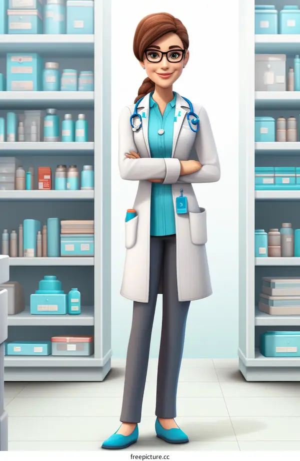A female doctor in a white coat is standing in a pharmacy.