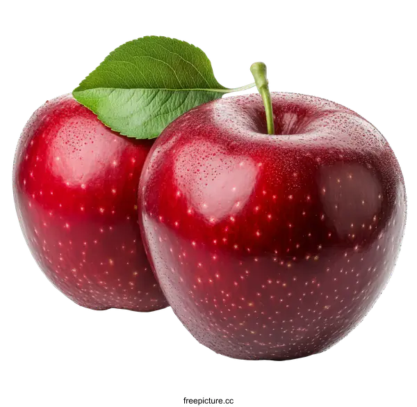 [Transparent Background PNG]Fresh Red Apples with Leaves Close-up