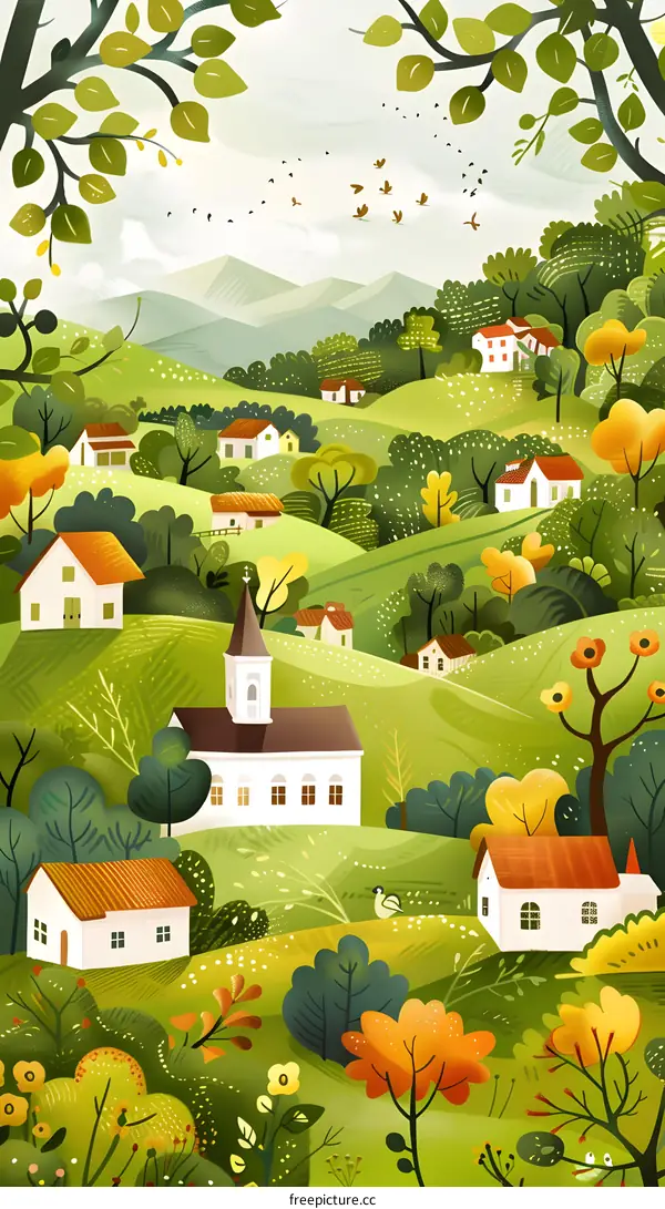 Green Hills and a Small Church Village