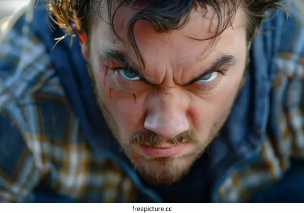 Close Up of Angry Man with Blood on His Face